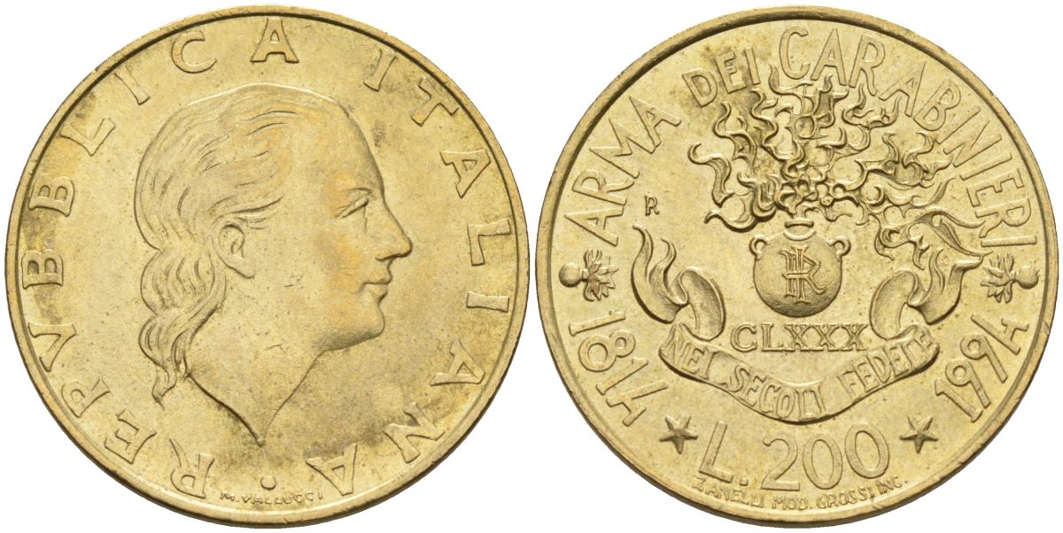 Италия 200 лир 1994 R, 180 лет карабинерам KM 164 алюминиевая бронза 4126-122