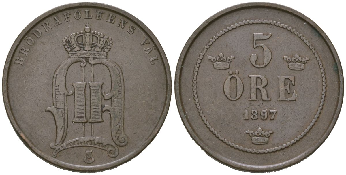 Швеция 5 эре 1897 Оскар II (1872-1907) KM 757 бронза 4171-736