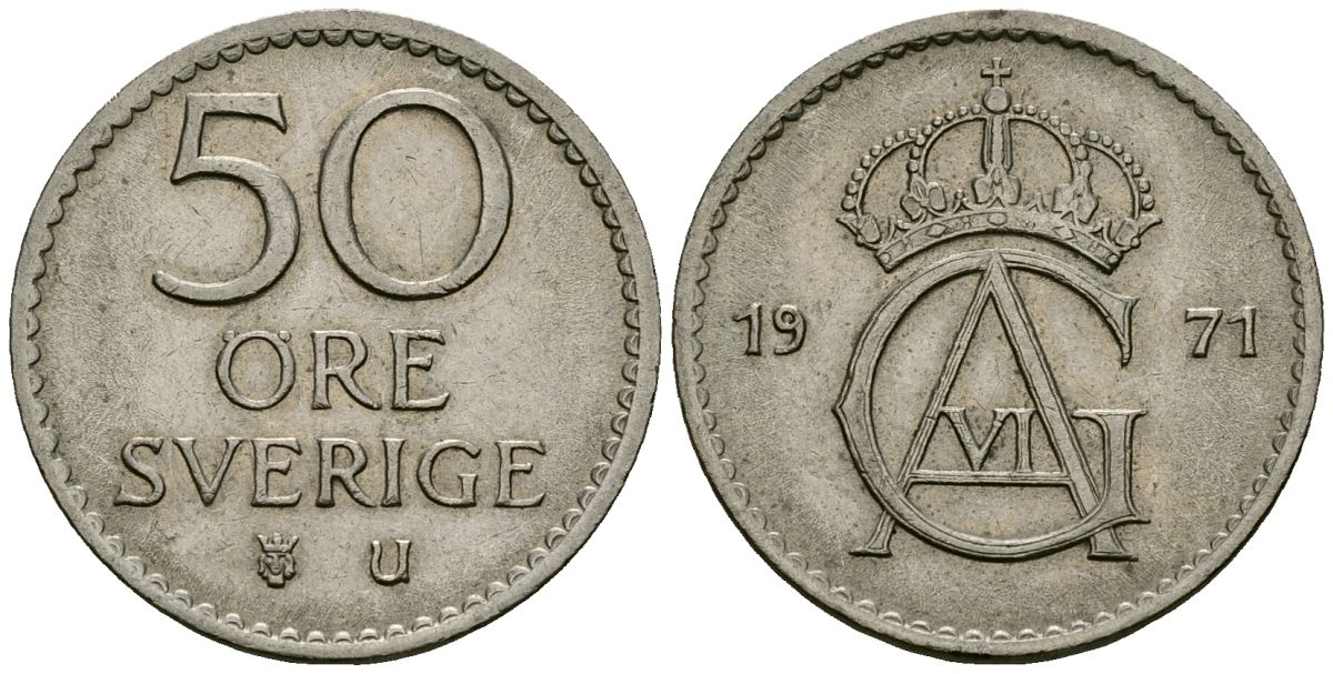 Швеция 50 эре 1971 Густав VI Адольф (1950-1973) KM 837 медно-никель 4167-347