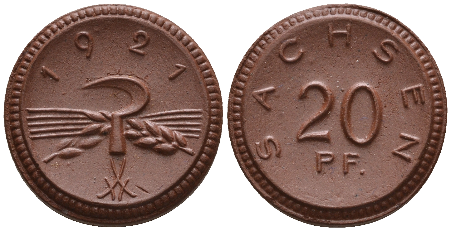 Саксония 20 пфеннигов 1921 колосья и серп J. N 53 фарфор UNC 1094-9-34