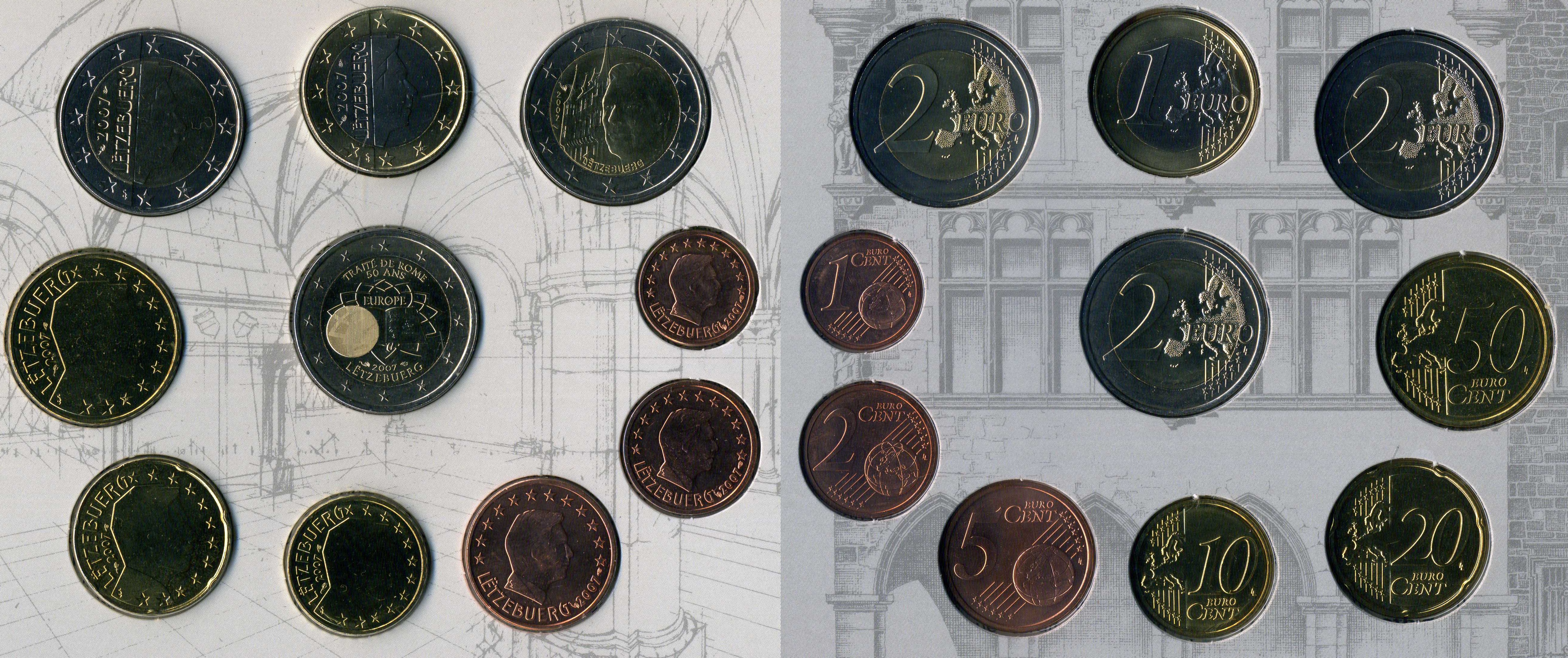 Люксембург набор из 10 евромонет (1, 2, 5, 10, 20 и евроцентов; 1 и 2 евро) 2007 в оригинальной коробке с сертификатом MS 20 (KM 75, 76, 77, 89, 90, 91, 92, 93, 94, 95) BU 6-5-3-05