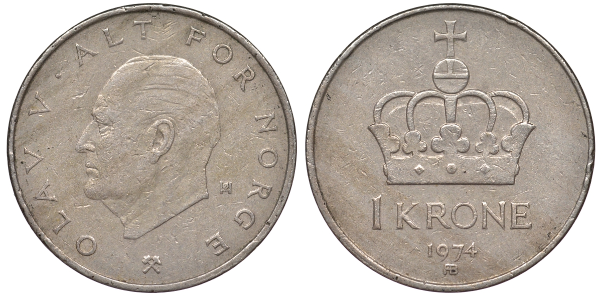 Норвегия 1 крона 1974 Олаф V KM 419 медно-никель 25-2144