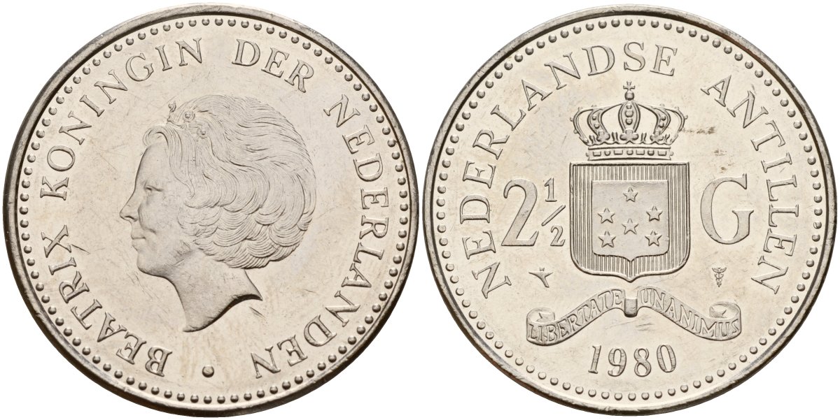 Нидерландские Антилы 2 1/2 гульдена 1980 Беатрикс (1980-2013) KM 19 никель UNC 4179-333