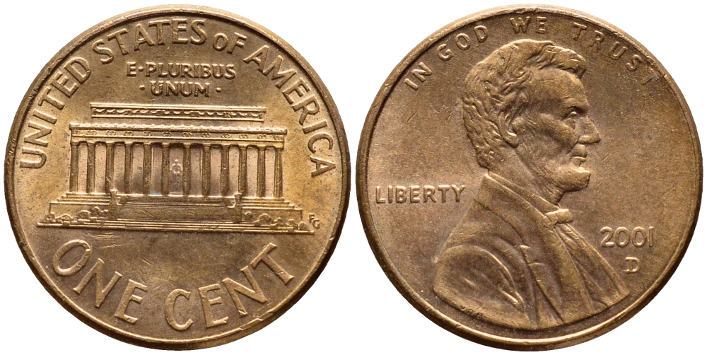 США 1 ЦЕНТ 2001 D, ЛИНКОЛЬН KM 201b цинк плакированный медью 4396-463