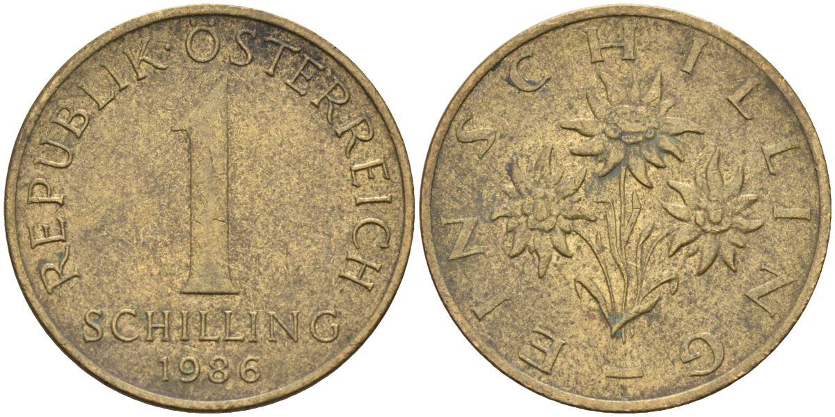Австрия 1 шиллинг 1986 KM 2886 алюминиевая бронза 4592-1031