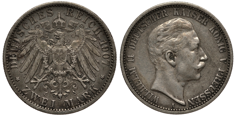 Пруссия 2 марки 1907 A, Вильгельм II (1888-1918) J.102, Weege 101, KM 522 серебро 3711-814