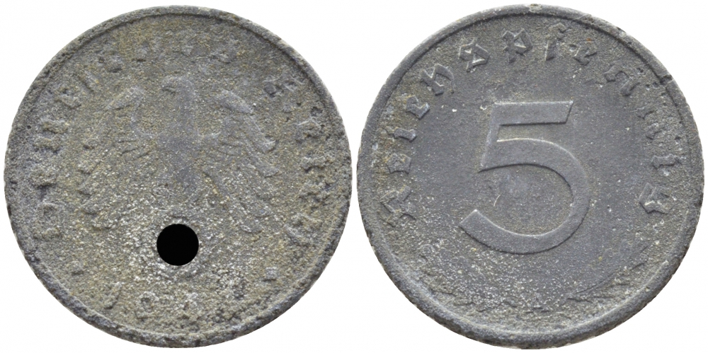 ГЕРМАНИЯ 5 РЕЙХСПФЕННИГОВ 1941 A, KM 100, J. 370 цинк 112-463