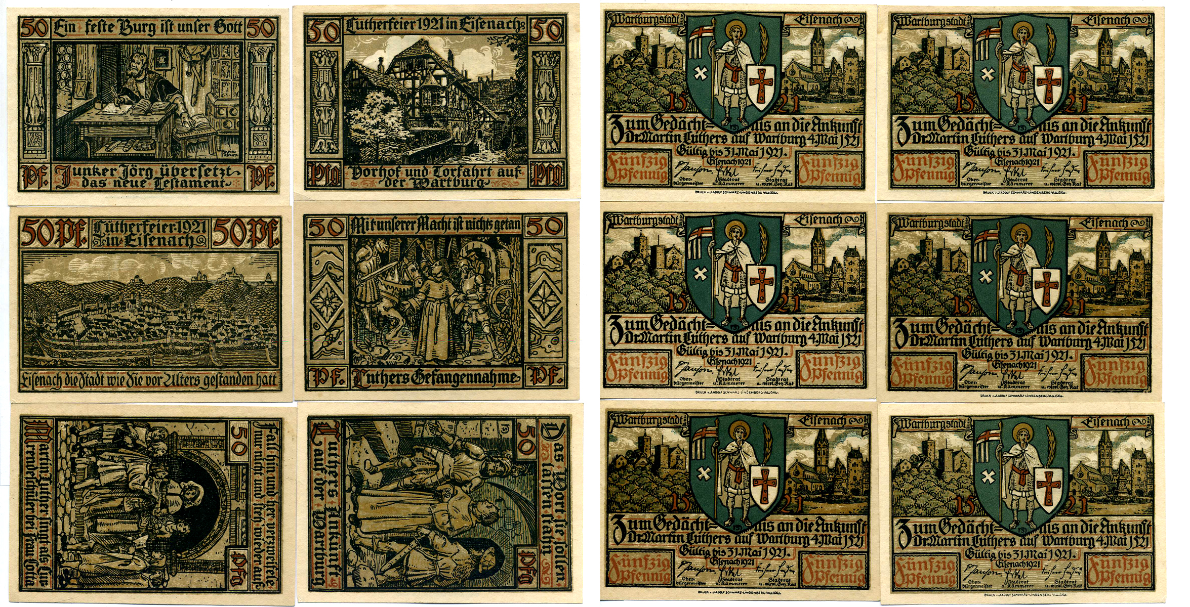 Эйзенах набор из 6 банкнот по 50 пфеннигов 1921 31 мая 1921, нотгельд, земля Тюрингия, полный комплект, бумага белая Grabowski 320.2а бумага 2193-3-2-1