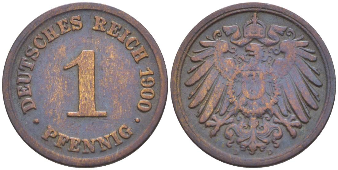 ГЕРМАНИЯ 1 ПФЕННИГ 1900 D KM 10, Jager. 10, Weege 2 медь 4528-1163
