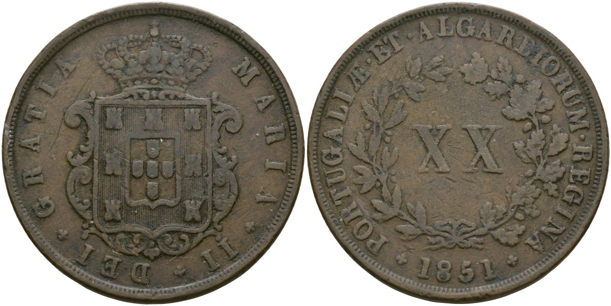 Португалия 20 реалов 1851 KM 482 медь 272-1343