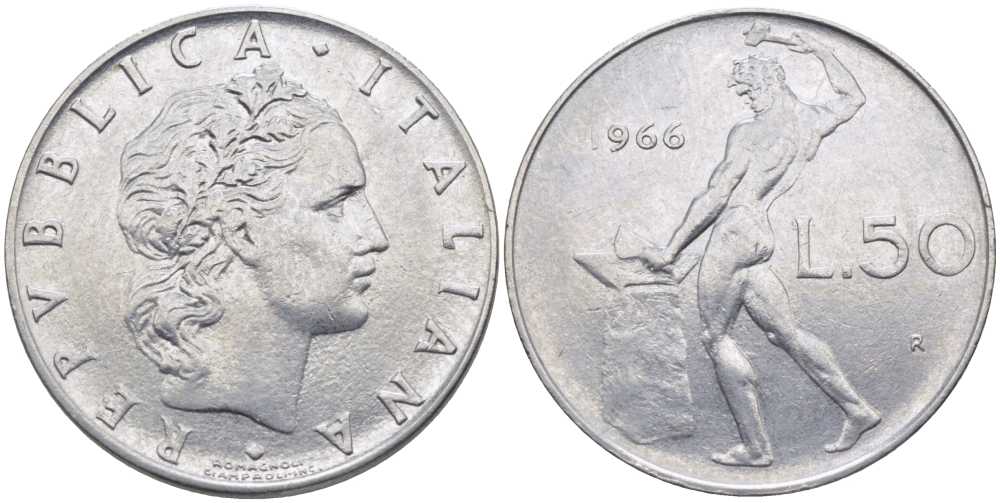 ИТАЛИЯ 50 ЛИР 1966 R, БОГ ОГНЯ ВУЛКАН У НАКОВАЛЬНИ KM 95.1 нержавеющая сталь 34-327