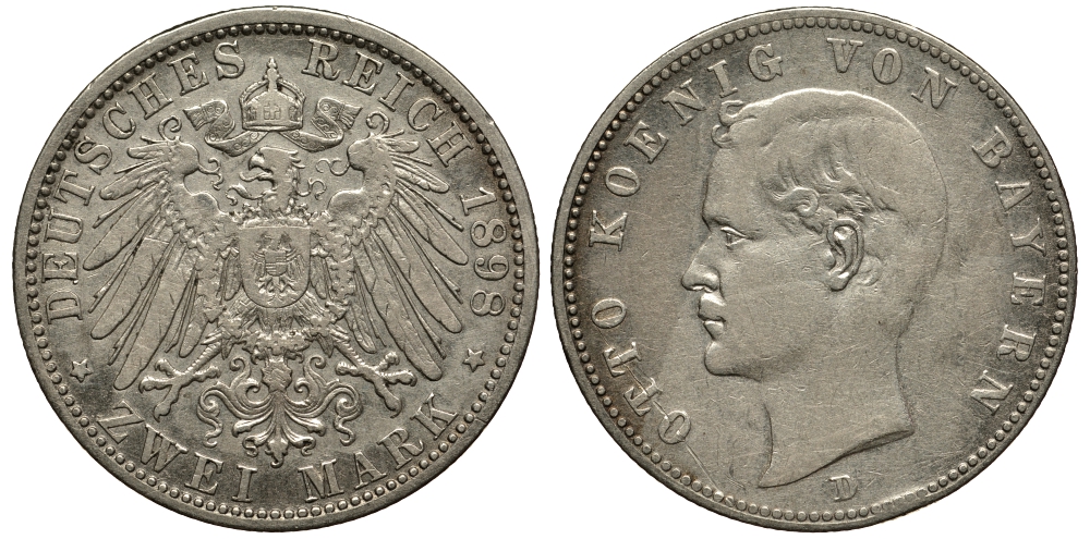 Бавария 2 марки 1898 D, Отто (1886-1913) Weege 44, J. 45, KM 511.1 серебро 413-5813