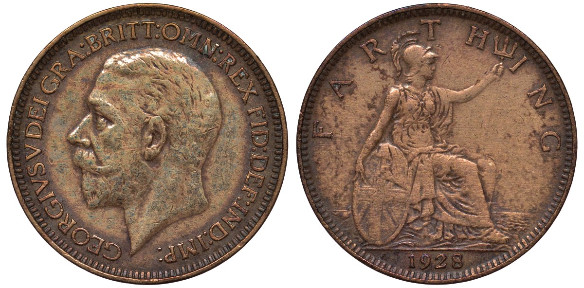 Великобритания 1 фартинг 1928 Георг V (1910-1936) KM 825, Spink 4061 бронза 4122-546