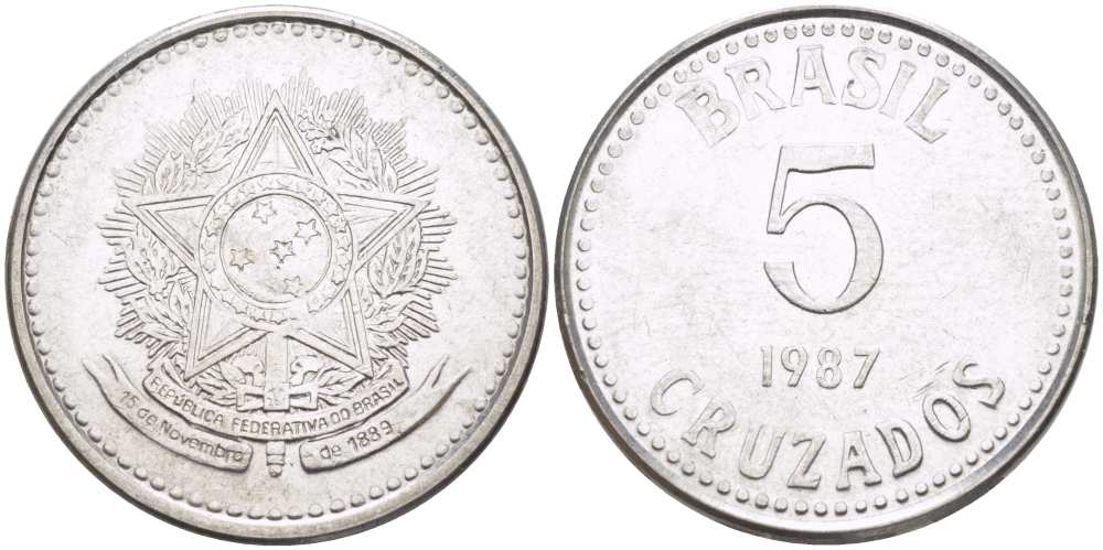 Бразилия 5 крузадо 1987 реформа (1986-1989) KM 606 нержавеющая сталь 65-243