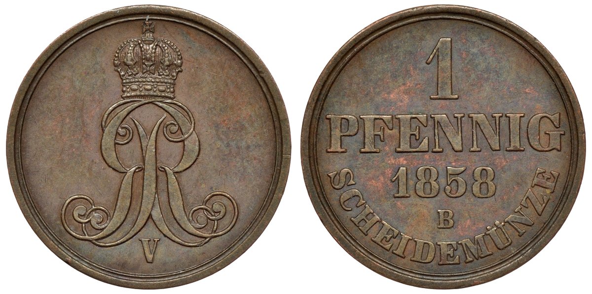 Ганновер 1 пфенниг 1858 B, Георг V KM 233, AKS 156, J. 90 медь 4594-536