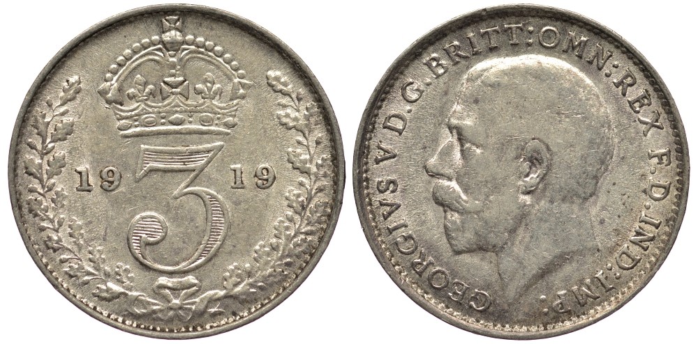 Великобритания 3 пенса 1919 Георг V (1910-1936) KM 813, Spink 4015 серебро 4528-469