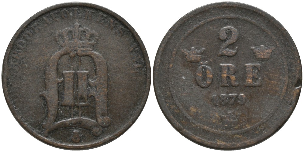 Швеция 2 эре 1879 Оскар II (1872-1907) король Швеции и Норвегии KM 746 бронза 190-1247
