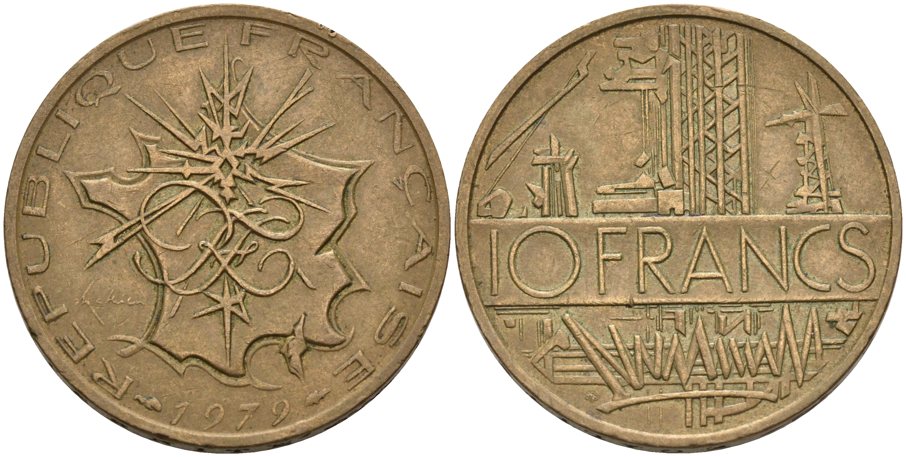 Франция 10 франков 1979 тип Матье KM 940, Le Franc 365.13-14 никель латунь  4599-1025