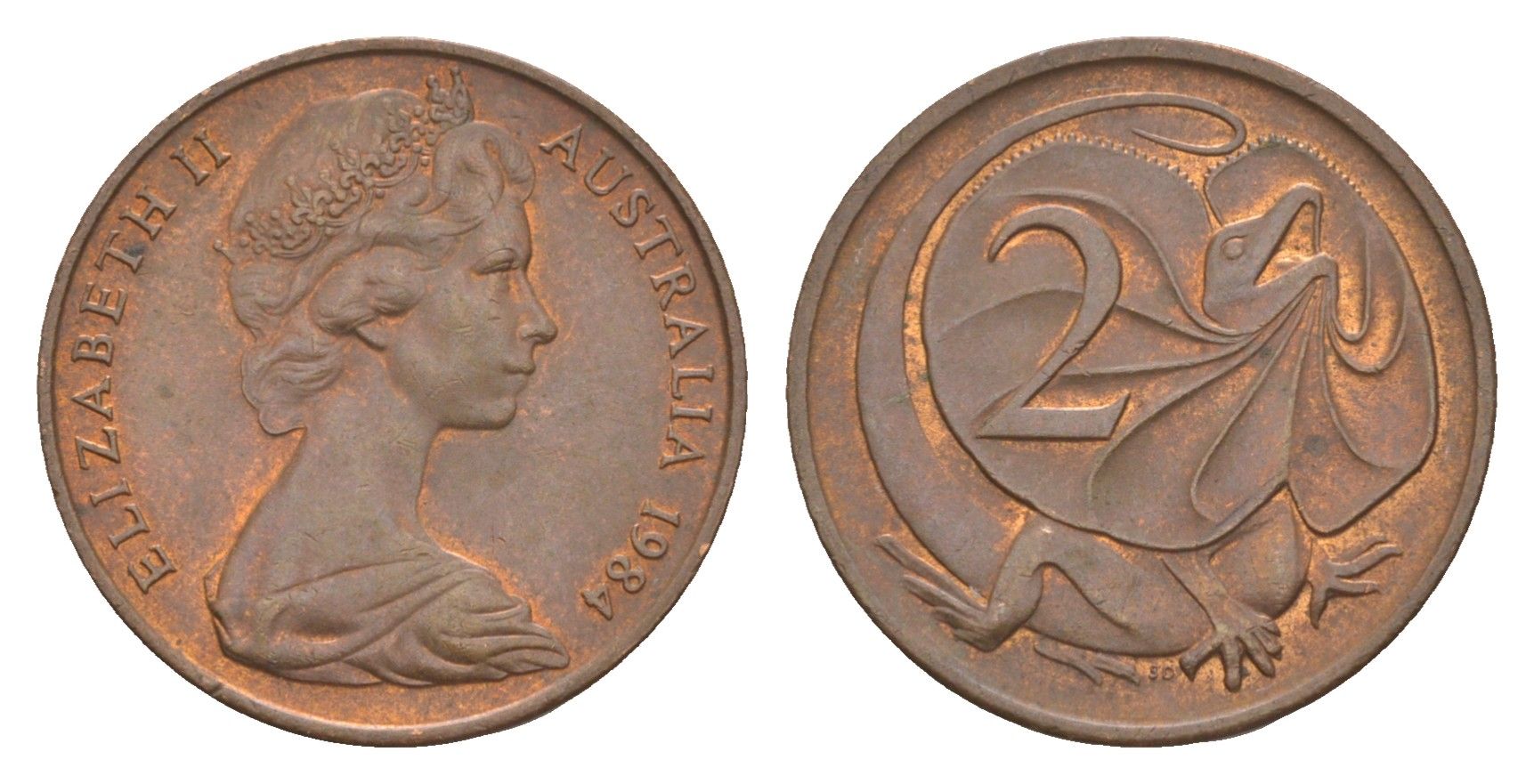 Австралия 2 цента 1984 Елизавета II (1952-2022), плащеносная ящерица KM 63 бронза aUNC 4580-1244