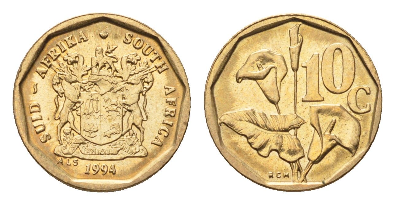 ЮАР 10 центов 1994 герб, цветок алоэ KM 135 сталь плакированная бронзой UNC 4694-665