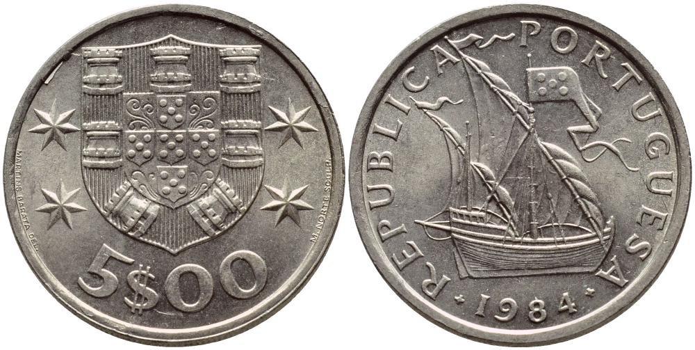 ПОРТУГАЛИЯ 5 ЭСКУДО 1984 ПАРУСНИК KM 591 медно-никель 4395-921