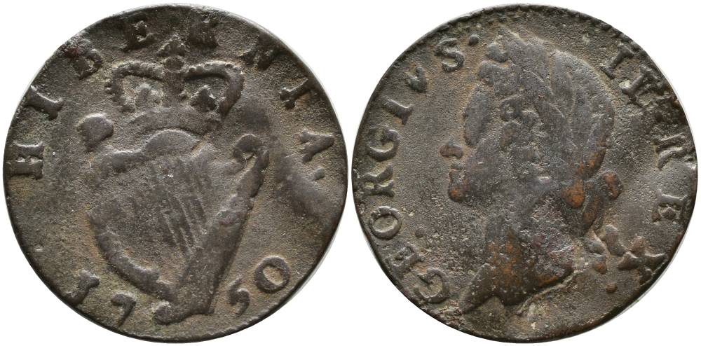 ИРЛАНДИЯ 1/2 ПЕННИ 1750 ГЕОРГ II (1727-1760) KM 130.2 медь 272-431