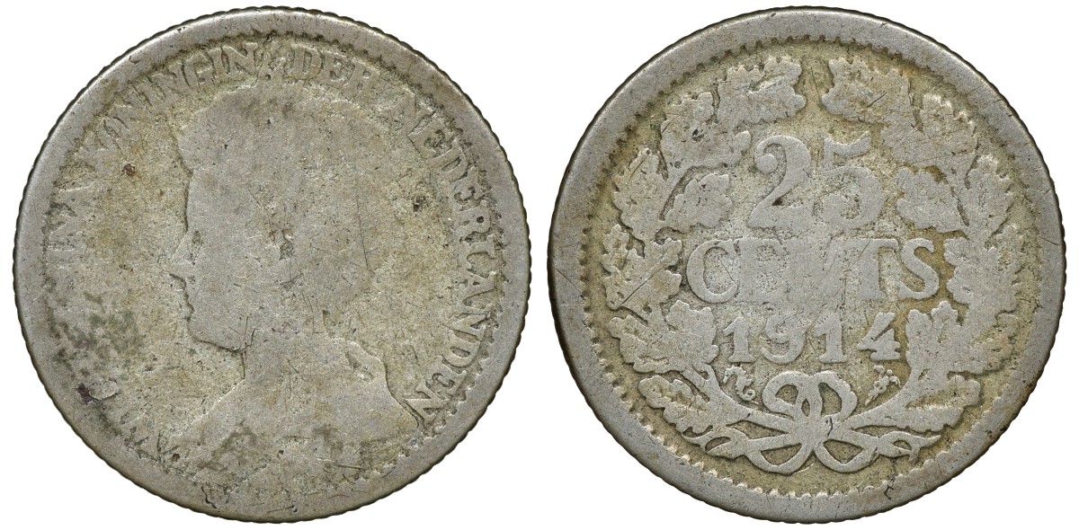 Нидерланды 25 центов 1914 Вильгельмина (1890-1948) KM 146  серебро 72-1713