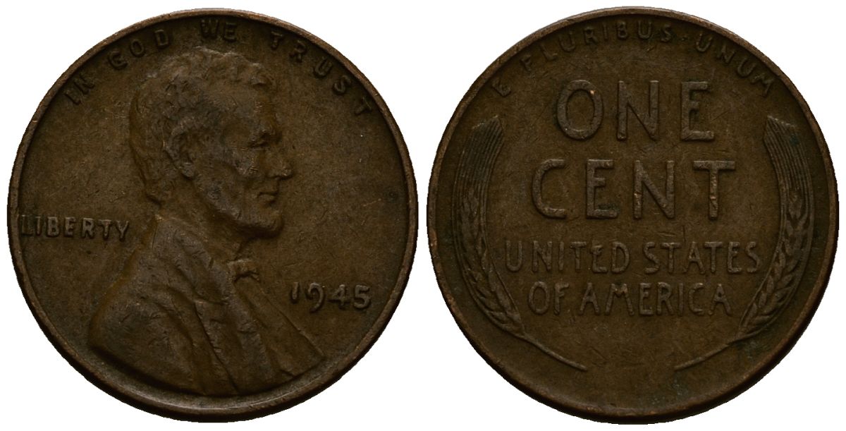 США 1 цент 1945 Линкольн KM A132 медь цинк 4164-844