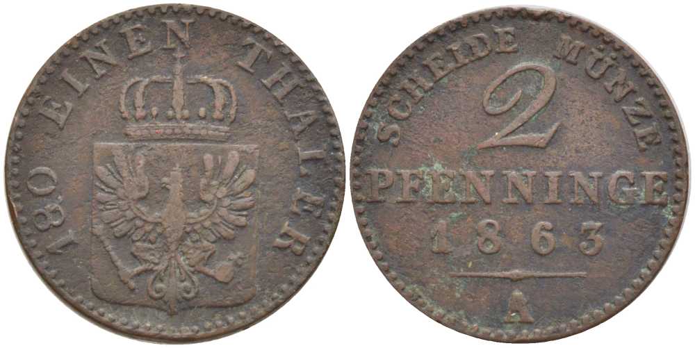 ПРУССИЯ 2 ПФЕННИГА 1863 А, ВИЛЬГЕЛЬМ I (1861-1888) KM 481 медь 201-568