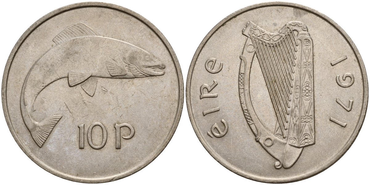 Ирландия 10 пенсов 1971 лосось KM 23 медно-никель 4140-322