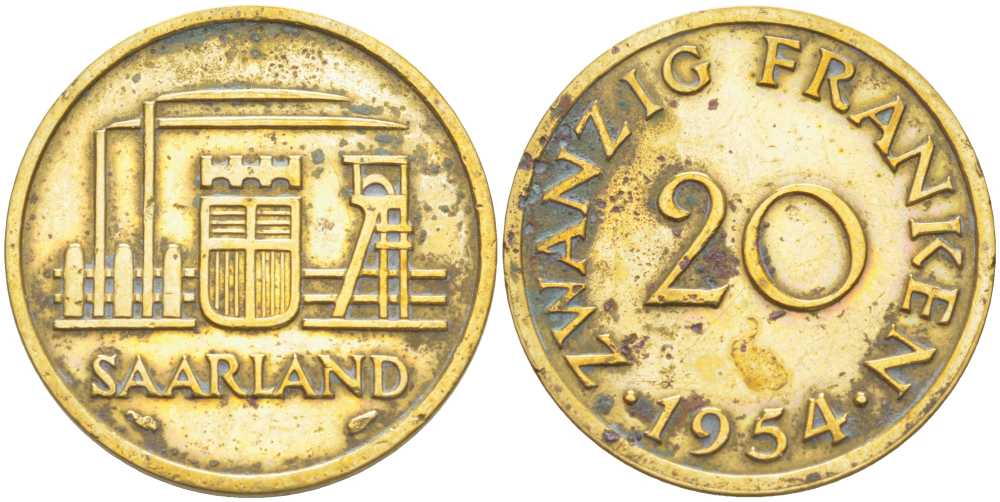 Саарланд 20 франков 1954 KM 2 алюминиевая бронза 51-3347