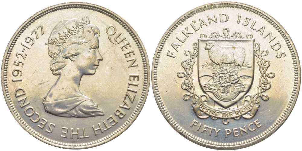 Фолклендские острова 50 пенсов 1977 серебряный юбилей правления королевы Елизаветы II (1952-1977), герб KM 10 медно-никель  UNC  107-924