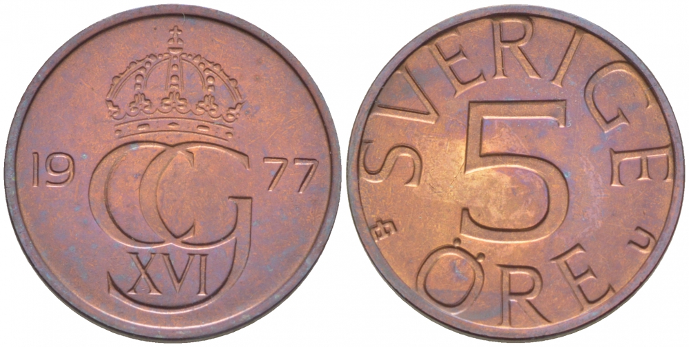 Швеция 5 эре 1977 U, Карл XVI Густав (1973- ) KM 849 бронза 3996-1024