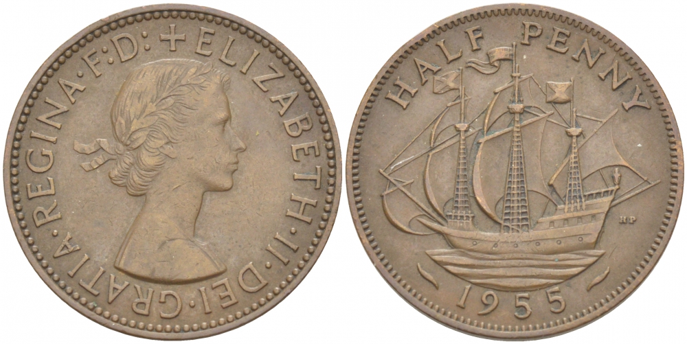 Великобритания 1/2 пенни 1955 Елизавета II (1952-2022) KM 896, Spink 4158 бронза 212-1224