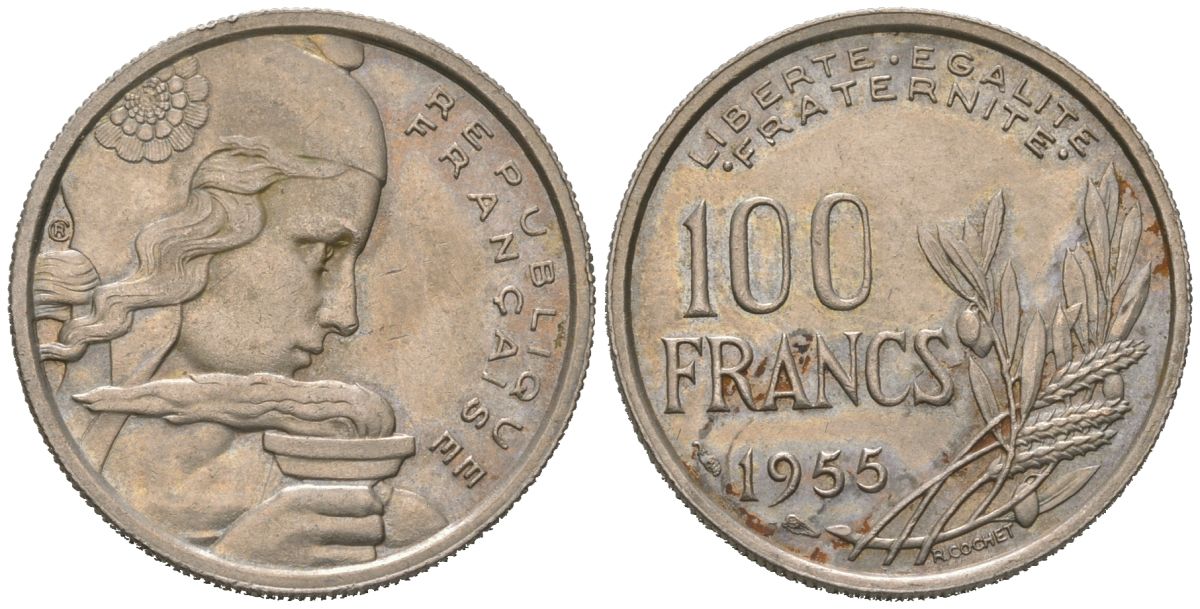 Франция 100 франков 1955 KM 919, Le Franc?450 медно-никель 4582-246