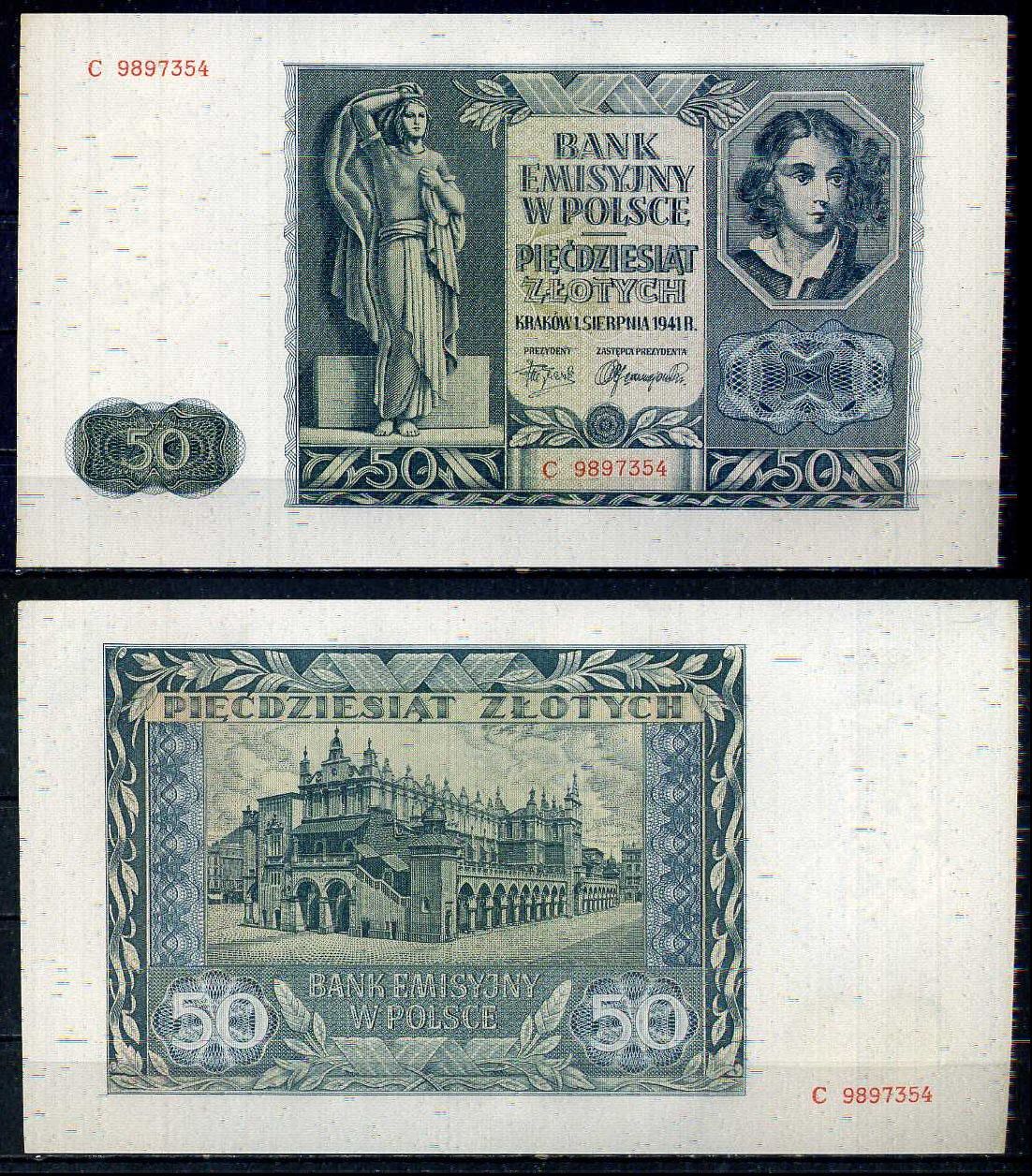 Польша 50 злотых 1941 Фермер, статуя женщины, Эмили Платер Pick 102 (1) бумага UNC (пресс) 6317-17-3-2