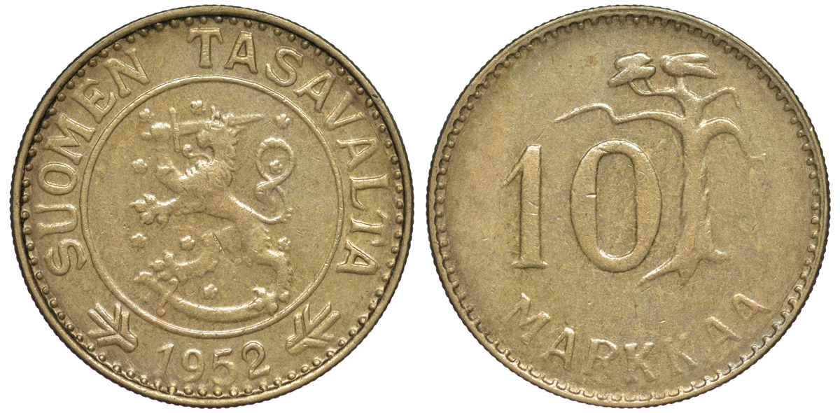 ФИНЛЯНДИЯ 10 МАРОК 1952 H, ПЕРВЫЙ ГОД ЧЕКАНА KM 38 алюминиевая бронза XF 3334-1011