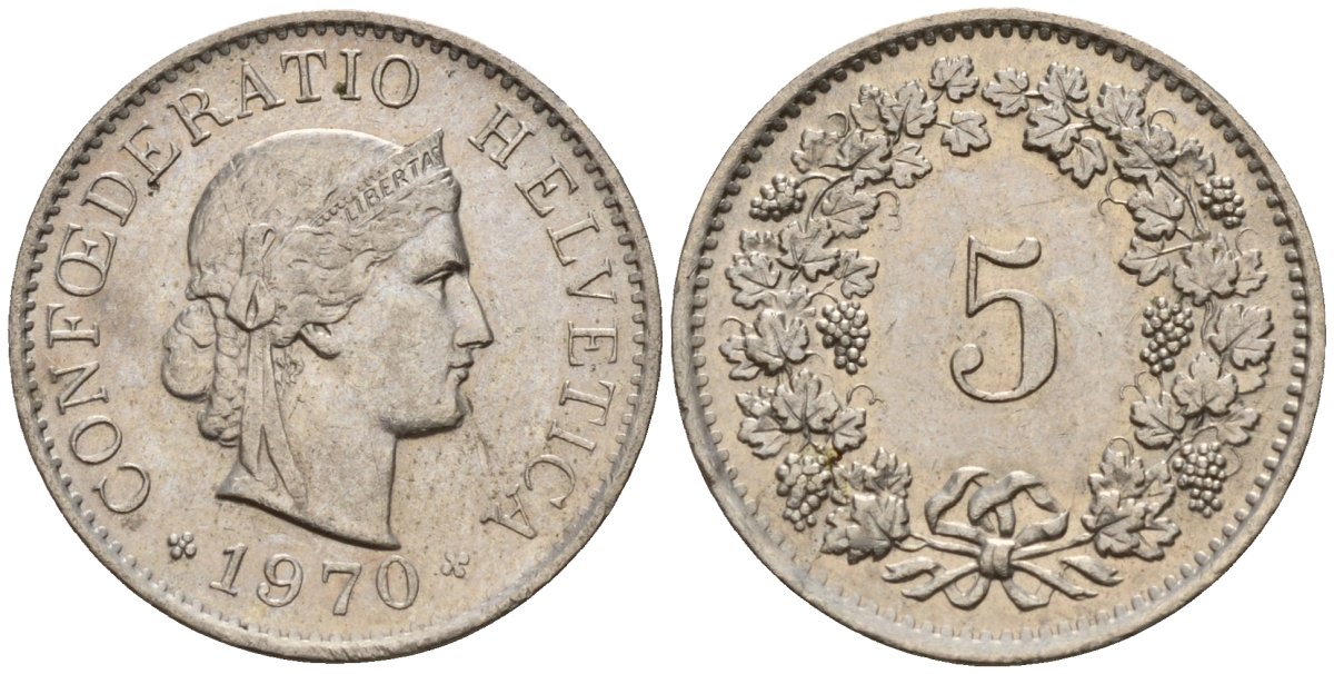 Швейцария 5 раппенов 1970 KM 26 медно-никель 4189-338