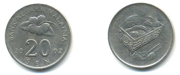 Малайзия 20 сенов 2002 цветок KM 52 медно-никель 176-1021