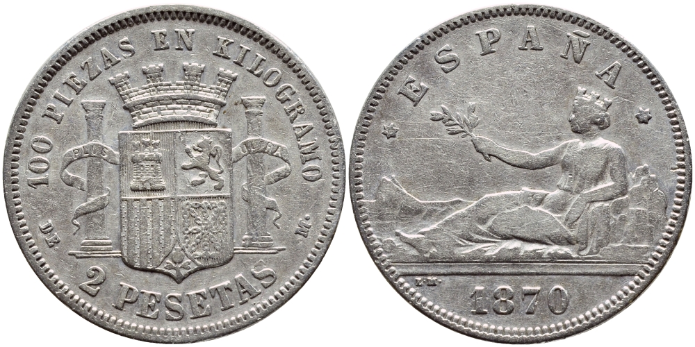 Испания 2 песеты 1870 (74) DE-M KM 654 серебро серебро 443-623