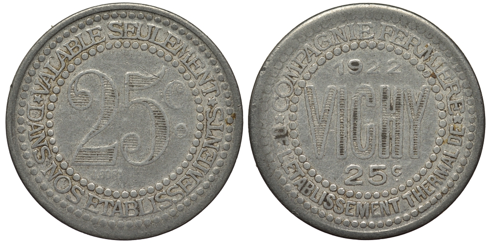 ФРАНЦИЯ 25 САНТИМОВ 1922 ТОКЕН VICHI алюминий 1516-1645