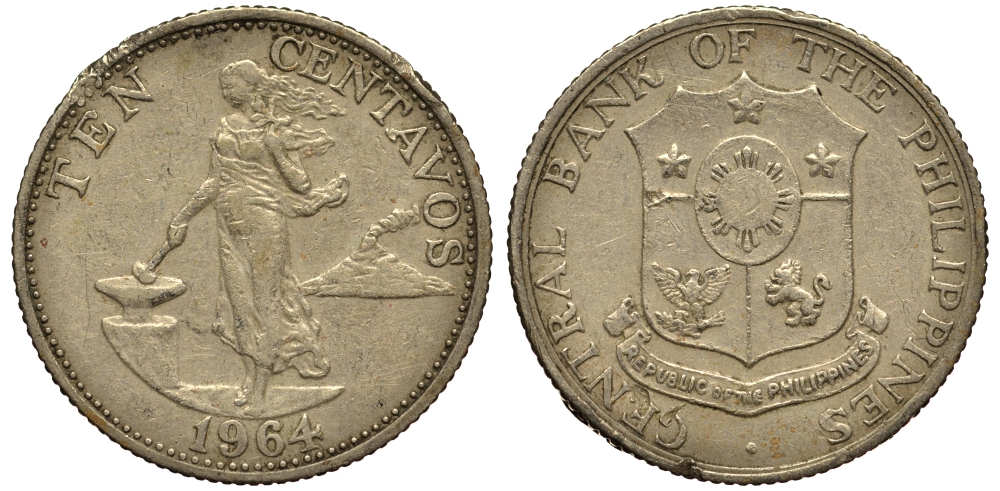 ФИЛИППИНЫ 10 СЕНТИМО 1964 KM 188 медь цинк никель VG 4181-314