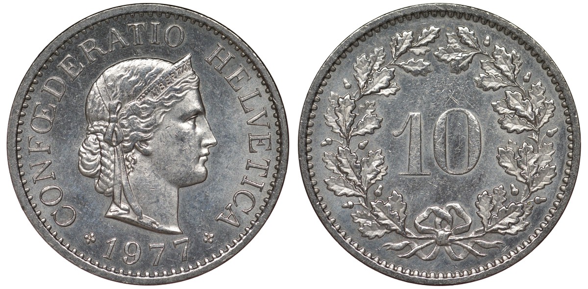 Швейцария 10 раппенов 1977 KM 27 медно-никель 4128-724