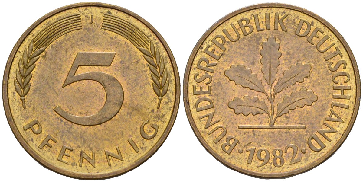 ФРГ 5 пфеннигов 1982 J KM 107, J.382 сталь плакированная латунью 4115-1056