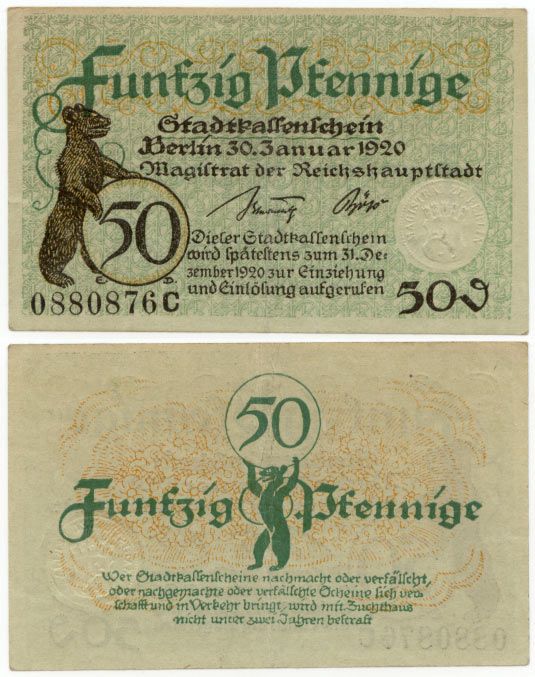БЕРЛИН 50 ПФЕННИГОВ 1920 МЕДВЕДЬ бумага UNC (пресс) 70-3311