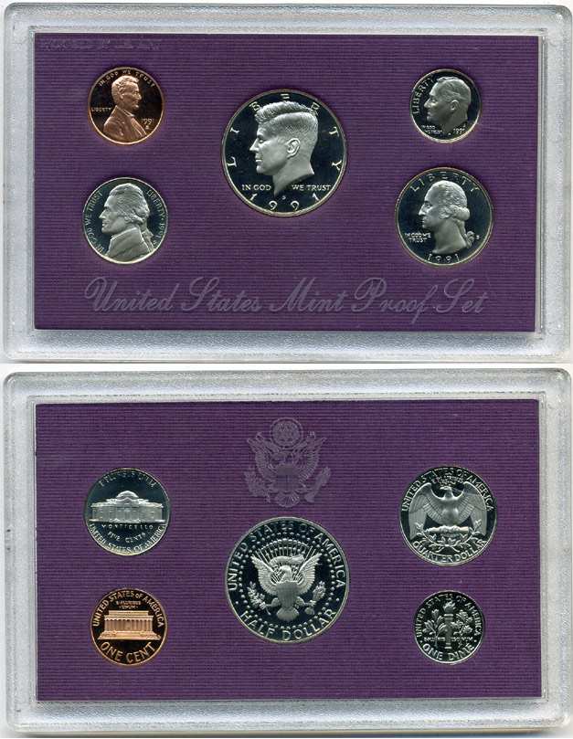 США ОФИЦИАЛЬНЫЙ ГОДОВОЙ НАБОР ИЗ 5 МОНЕТ 1991 S, В ПЛАСТИКЕ, С СЕРТИФИКАТОМ, КЕННЕДИ PROOF 1-4-2-08