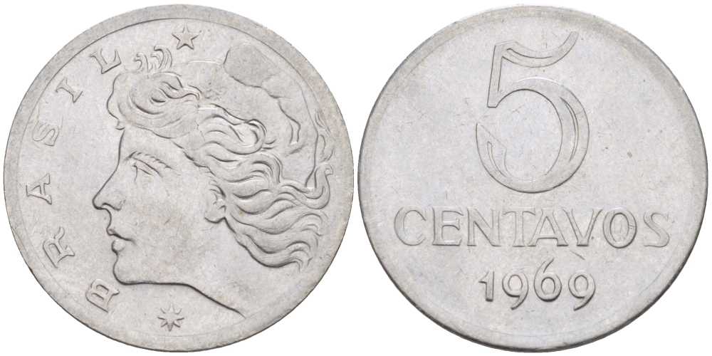 Бразилия 5 сентаво 1969  голова свободы влево KM 577.2, Schon 82a нержавеющая сталь 58-446