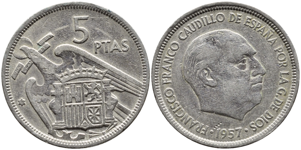 ИСПАНИЯ 5 ПЕСЕТ 1957 (58) ФРАНСИСКО ФРАНКО ДИКТАТОР ИСПАНИИ (1939-1975) KM 786 медно-никель 4393-232