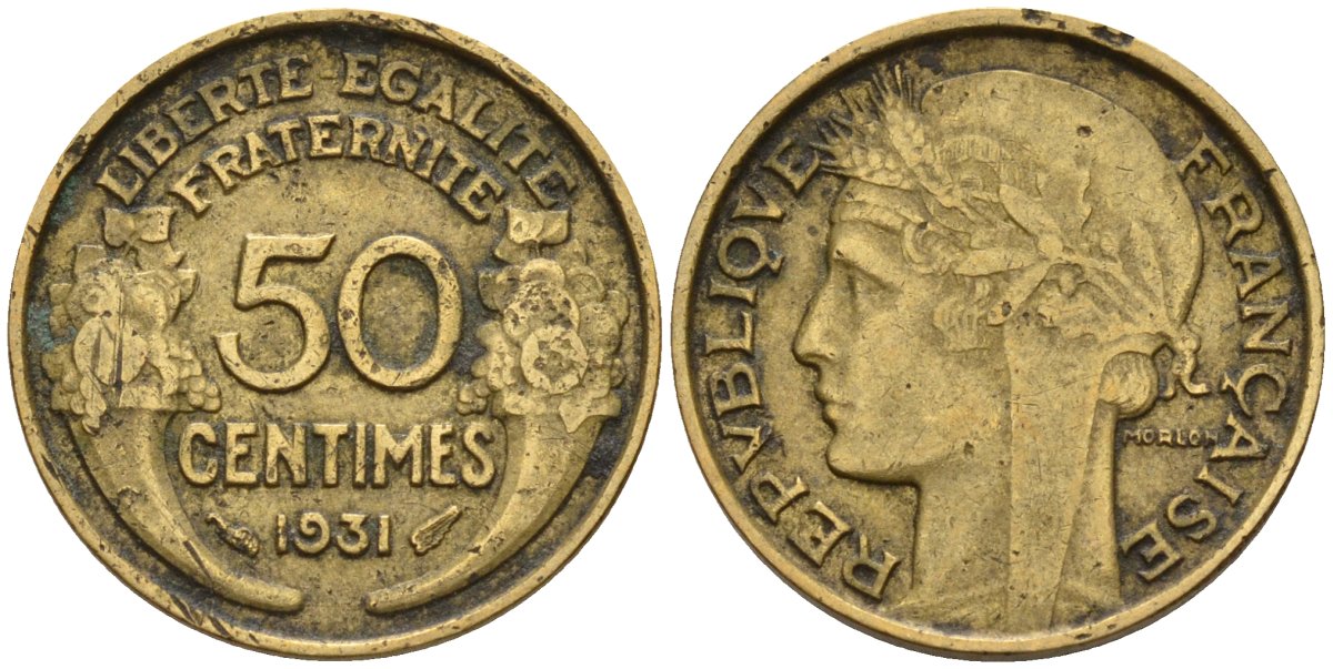 Франция 50 сантимов 1931 KM 894.1, Le Franc 192.15 алюминиевая бронза 4596-739