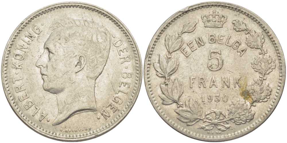 БЕЛЬГИЯ 5 ФРАНКОВ 1930 АЛЬБЕРТ I, DER BELGEN KM 98 никель 3851-313